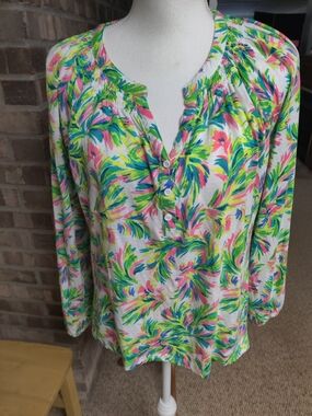 Women’s Floral Button-Front Long Sleeve Top - Cream with Pink, Green & Blue